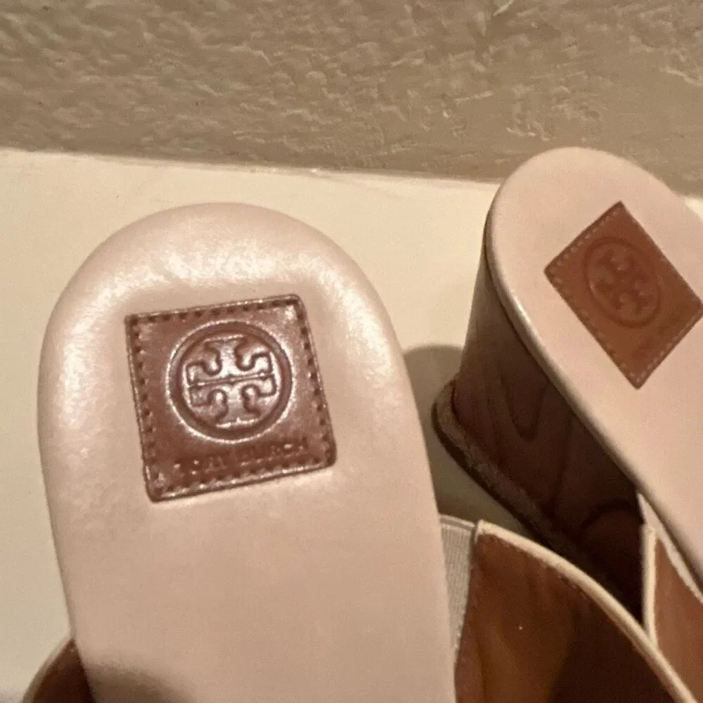 Tory Burch Women's Size 10 Double Strap Wedge Sandals Beige Coastal Old Money